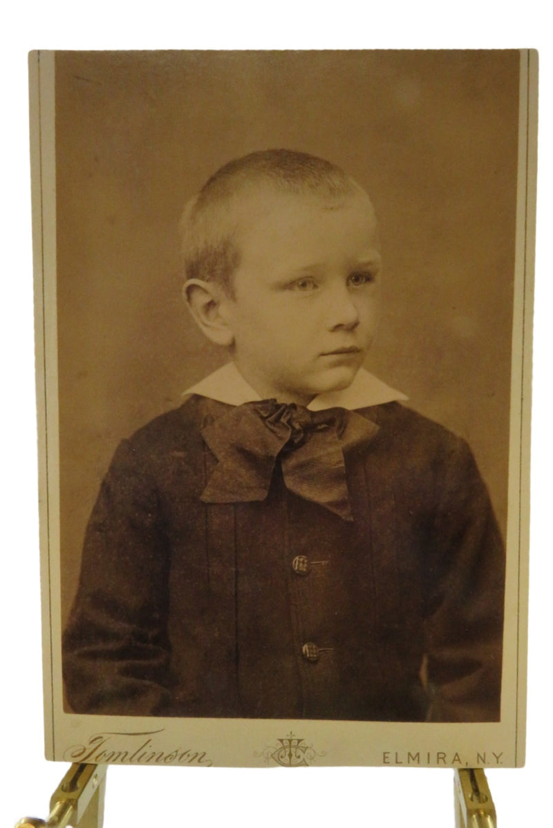 Cute Boy With Big Bow Tie Antique Cabinet Card Cut Card Tomlinson Elmira NY — front view