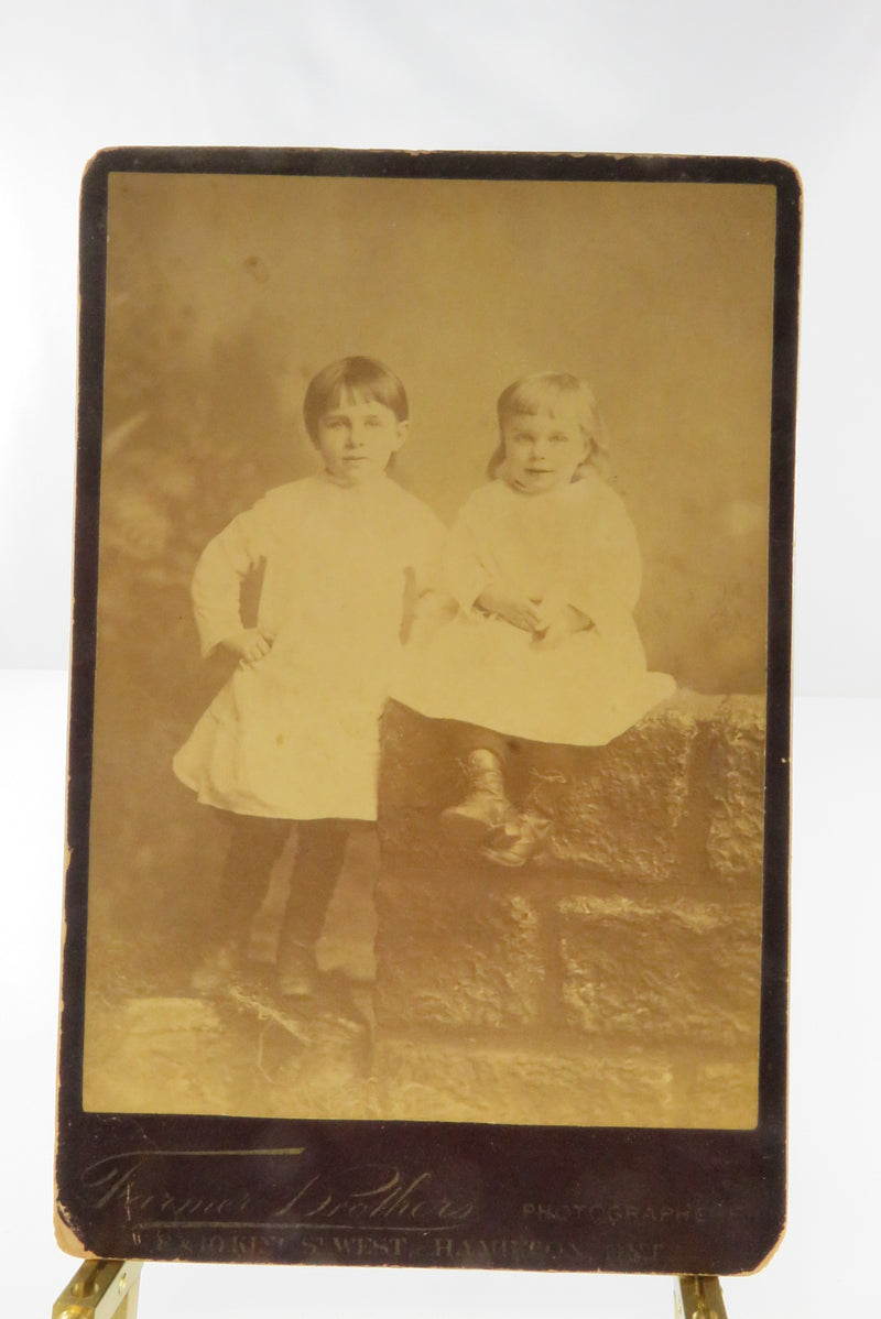 2 Cute Sisters One Sitting on Wall Antique Cabinet Card Farmer Brothers Ontario