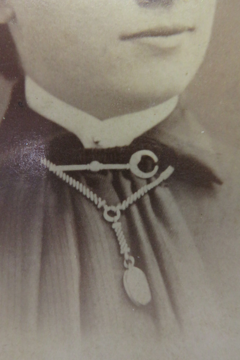 Woman Facing Left Bar Pin Necklace Antique Cabinet Card Deming West Winsted