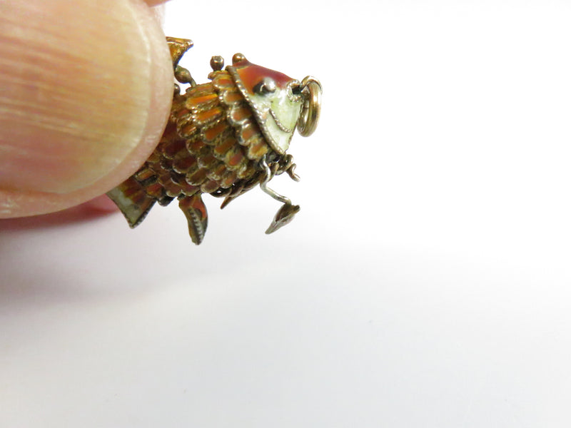 Vintage Wiggly Fish Enameled Articulated Koi Fish Pendant Charm Gilt Metal