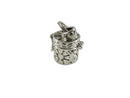 Silver charm shaped like a small container on a white background