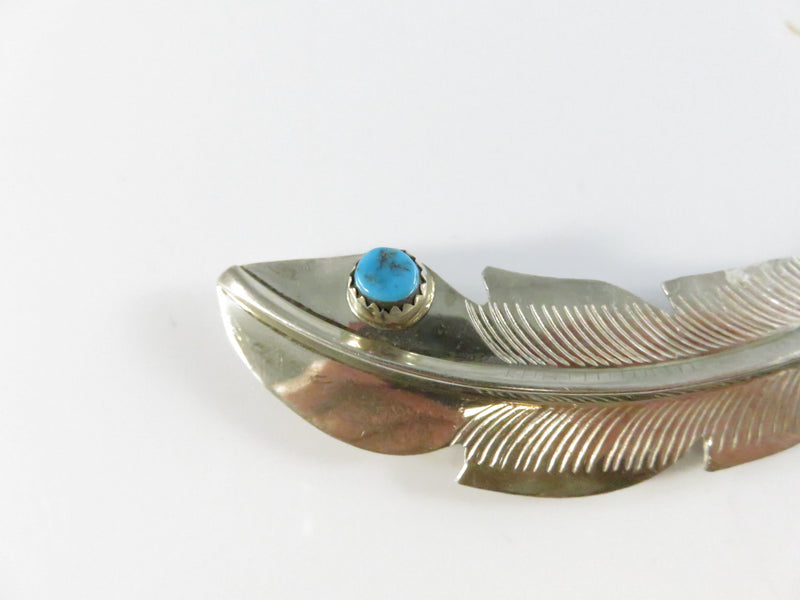 Sterling Feather Form Native American Turquoise Accent Brooch Pin, 10.8 g Mid-Century