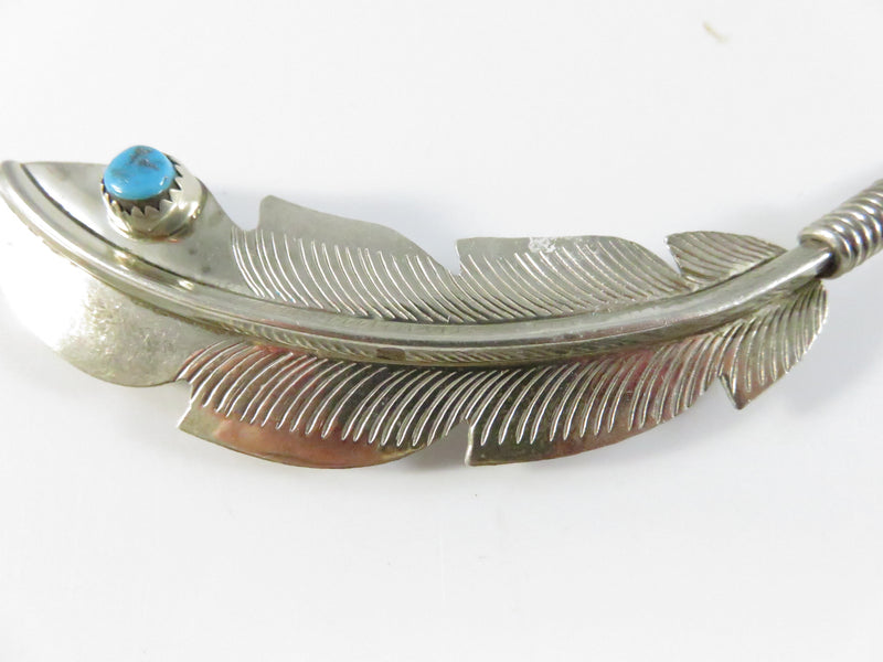 Sterling Feather Form Native American Turquoise Accent Brooch Pin, 10.8 g Mid-Century