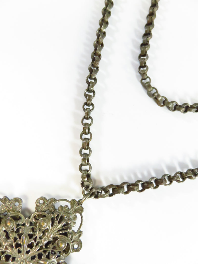 Antique White Metal 28" Necklace Rolo Chain With Pierced Metal Pendant