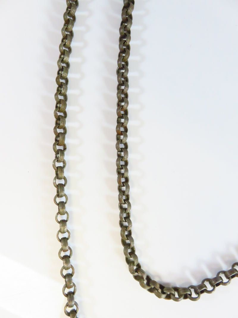 Antique White Metal 28" Necklace Rolo Chain With Pierced Metal Pendant