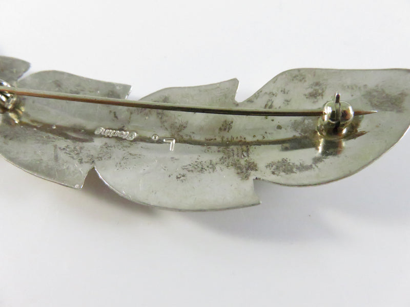 Sterling Feather Form Native American Turquoise Accent Brooch Pin, 10.8 g Mid-Century