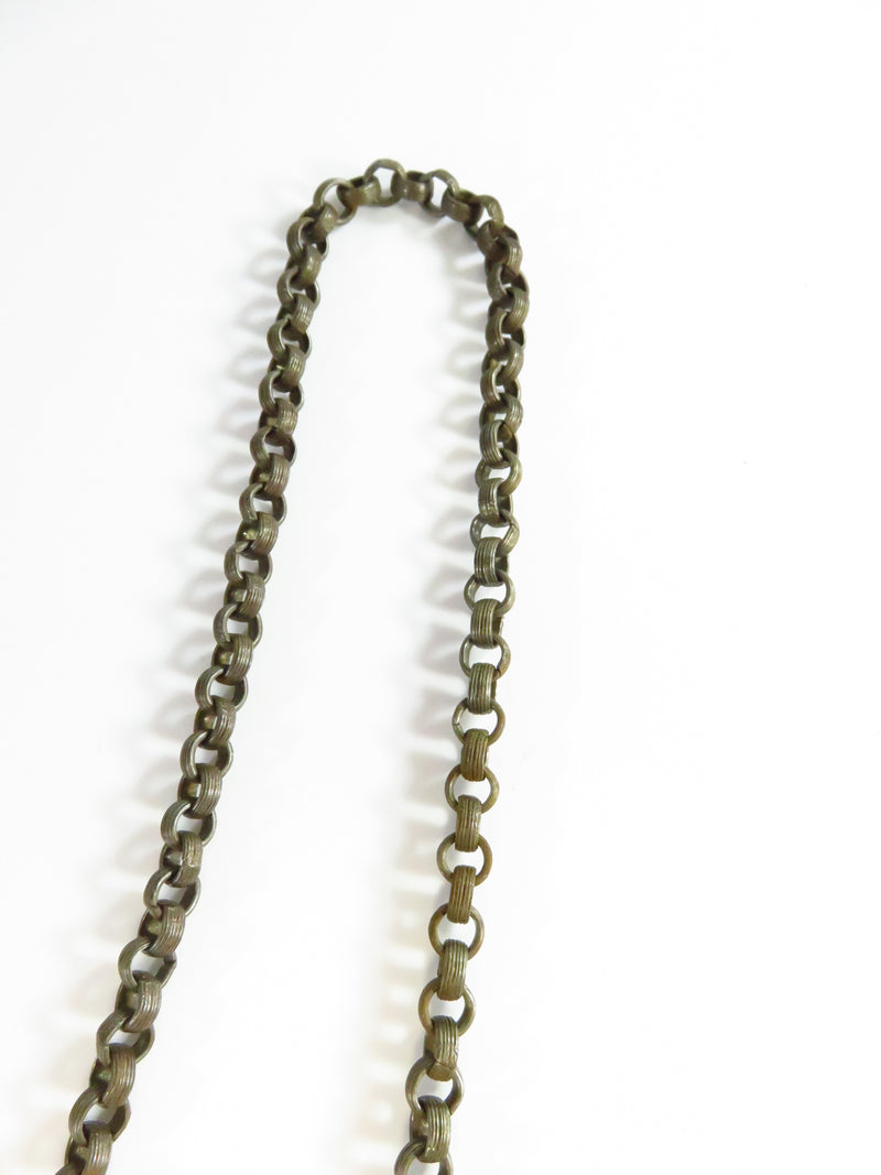 Antique White Metal 28" Necklace Rolo Chain With Pierced Metal Pendant