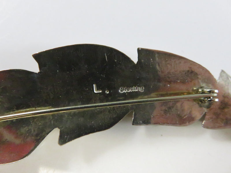 Sterling Feather Form Native American Turquoise Accent Brooch Pin, 10.8 g Mid-Century