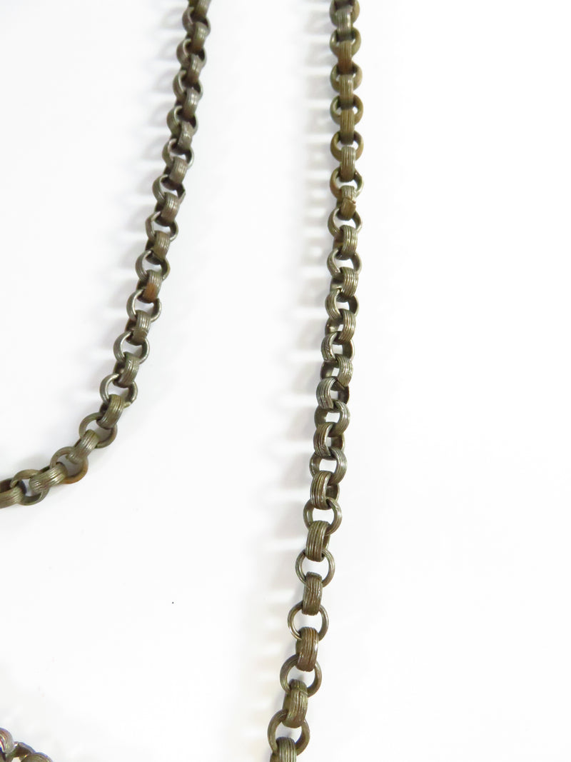 Antique White Metal 28" Necklace Rolo Chain With Pierced Metal Pendant