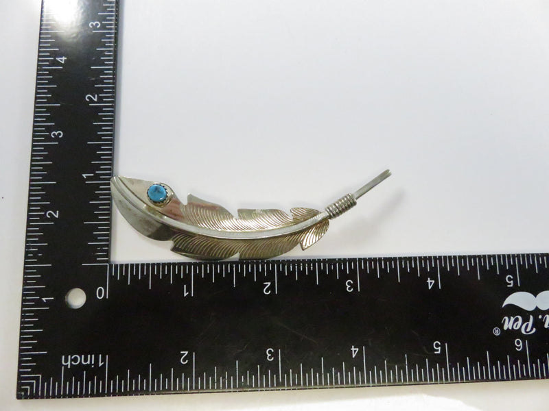 Sterling Feather Form Native American Turquoise Accent Brooch Pin, 10.8 g Mid-Century