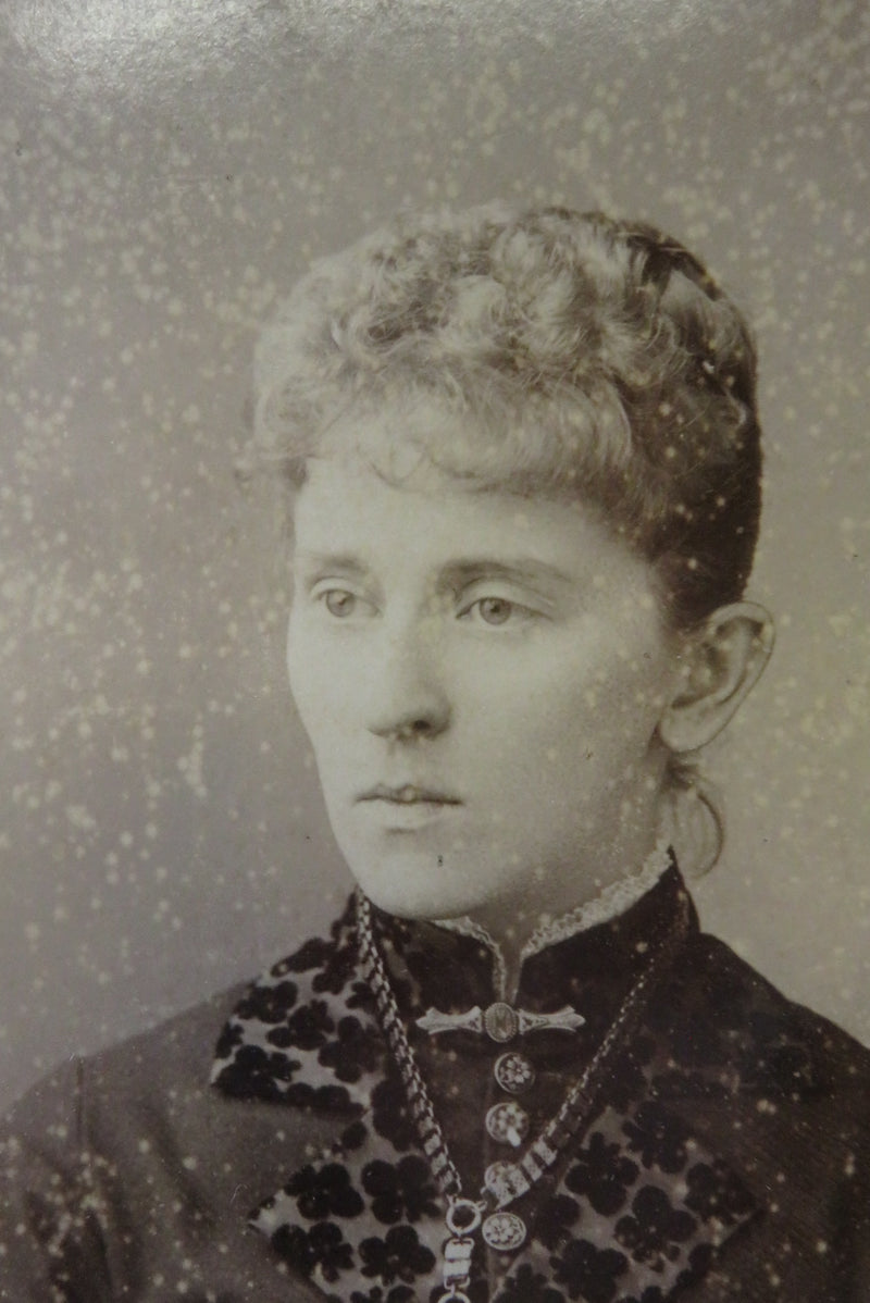 Young Woman Bookchain Locket, Bar Pin Antique Cabinet Card Gray Boston Mass