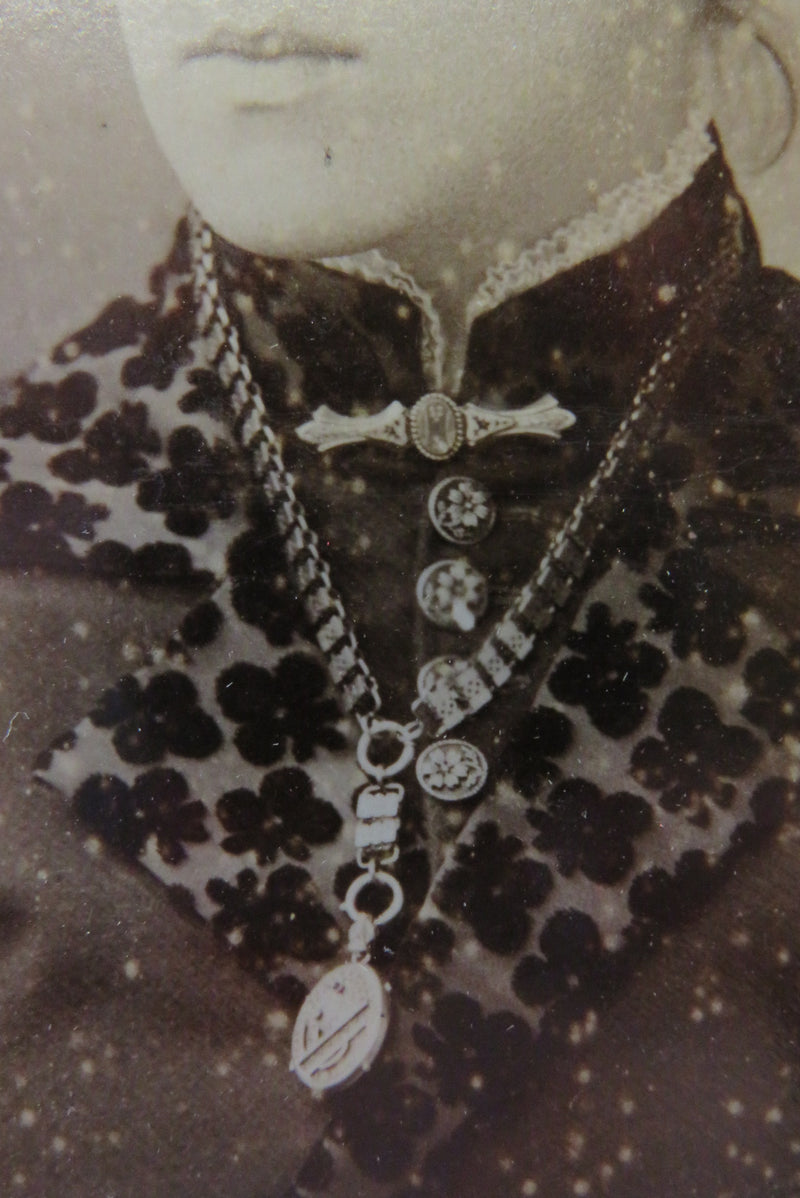 Young Woman Bookchain Locket, Bar Pin Antique Cabinet Card Gray Boston Mass