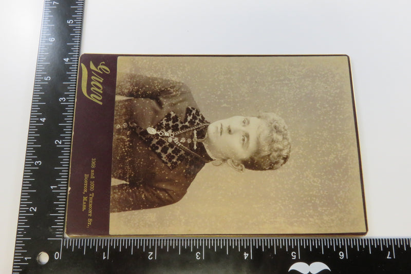 Young Woman Bookchain Locket, Bar Pin Antique Cabinet Card Gray Boston Mass