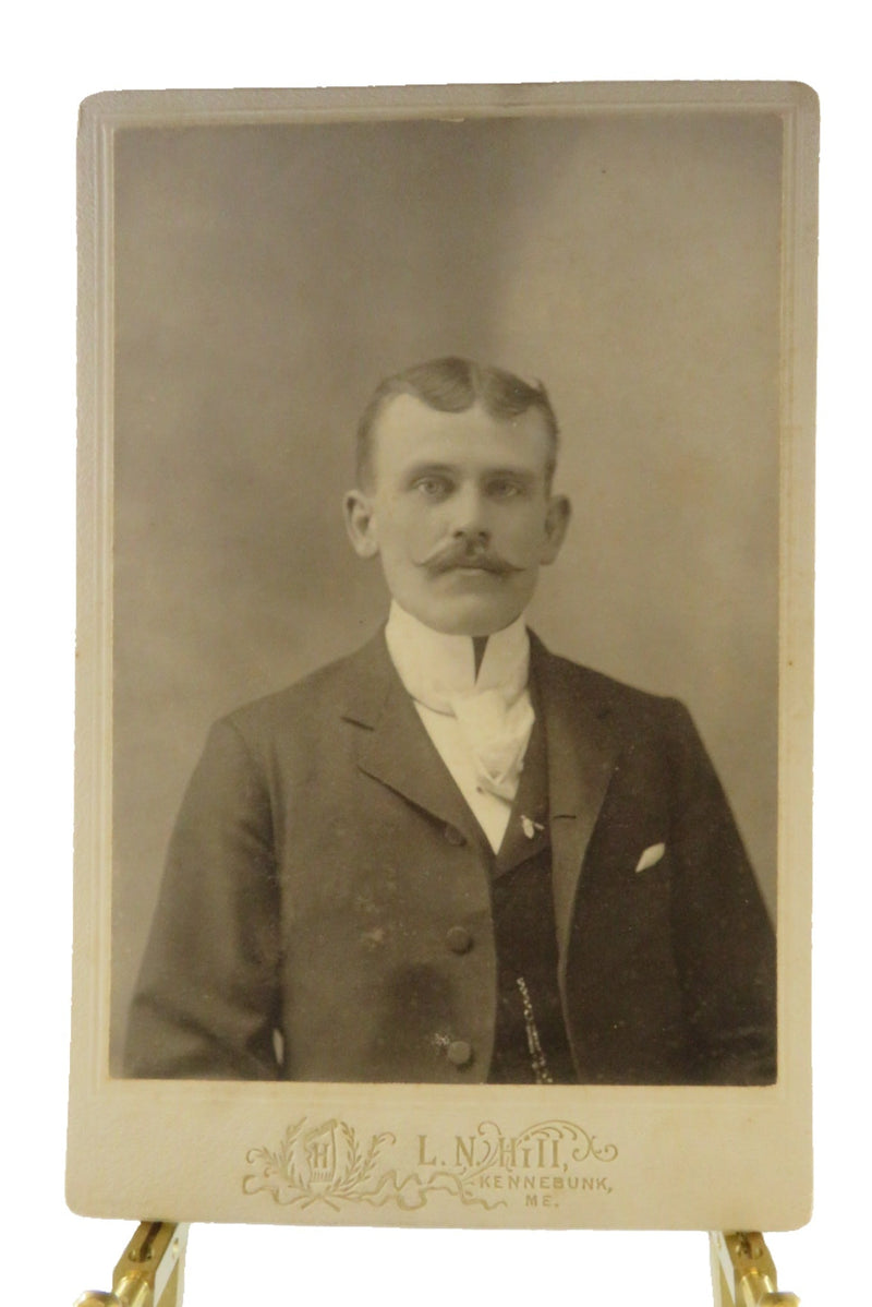 Handsome Man Watch Chain and Fly Pin Antique Cabinet Card L.N. Hill Kennebunk — front view