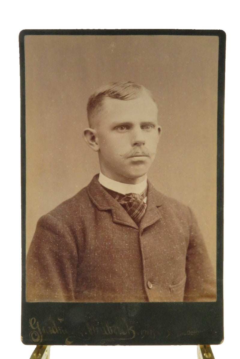 Young Man Mustache Antique Cabinet Card Gardner and Philbrick Biddeford Maine — front view