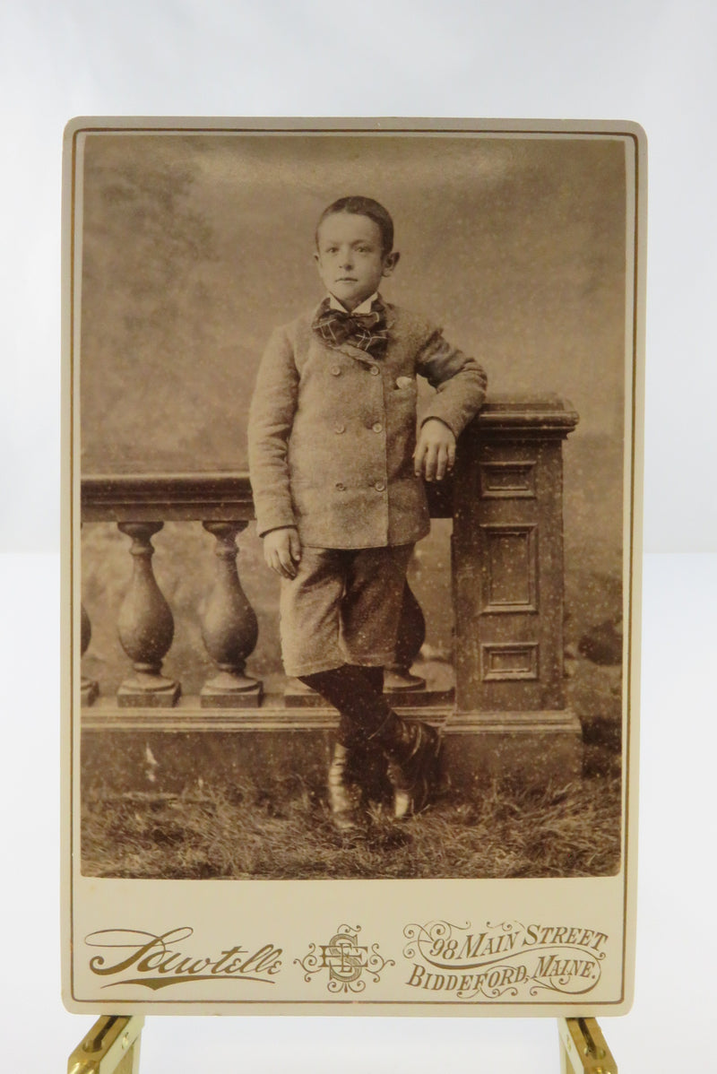Boy In Pose Leaning on Pillar Antique Cabinet Card Sawtelle Biddeford Maine