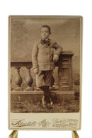 Boy In Pose Leaning on Pillar Antique Cabinet Card Sawtelle Biddeford Maine — front view