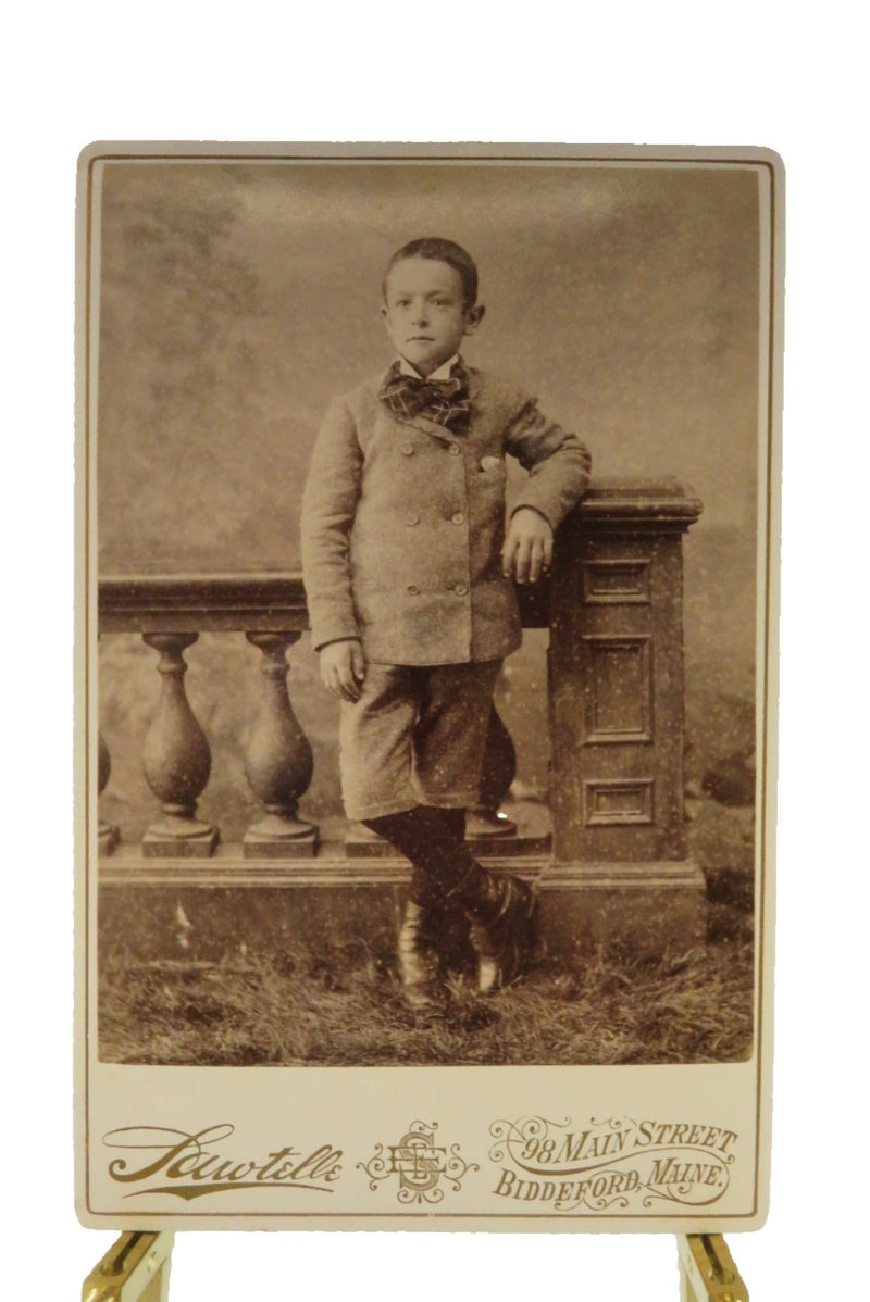 Boy In Pose Leaning on Pillar Antique Cabinet Card Sawtelle Biddeford Maine — front view