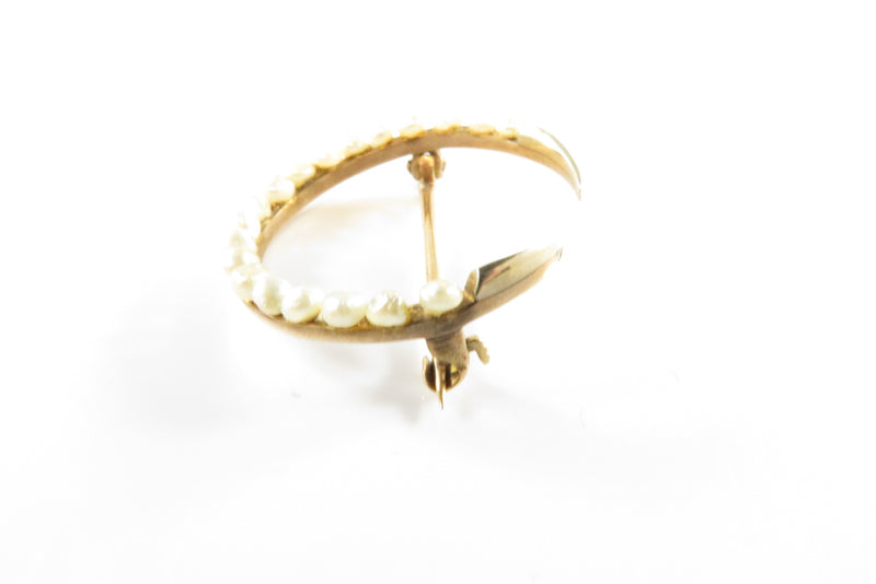 Antique Pearl Decorated Crescent Moon Brooch in 10K Yellow Gold