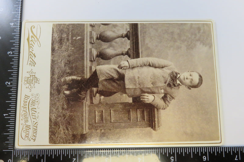 Boy In Pose Leaning on Pillar Antique Cabinet Card Sawtelle Biddeford Maine