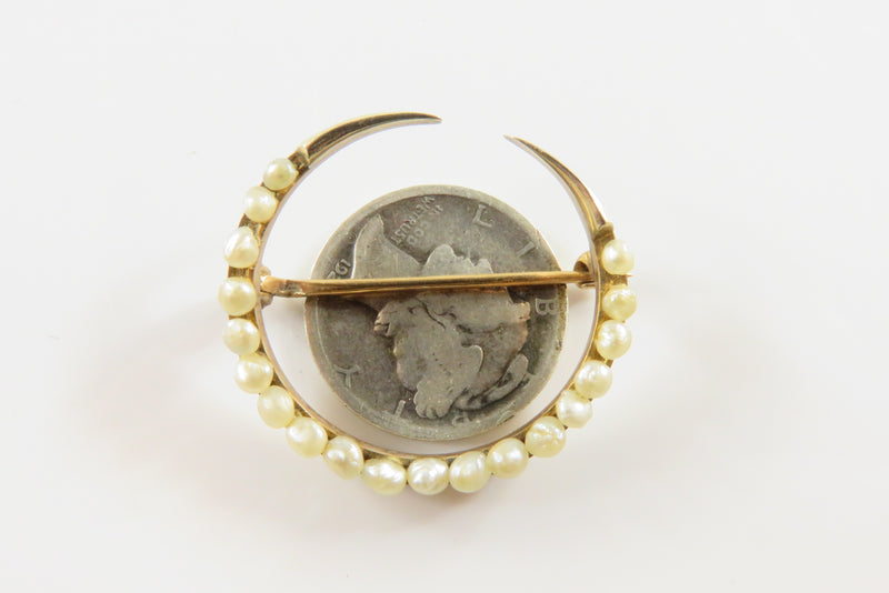 Antique Pearl Decorated Crescent Moon Brooch in 10K Yellow Gold