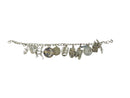 Silver charm bracelet with various charms on a white background