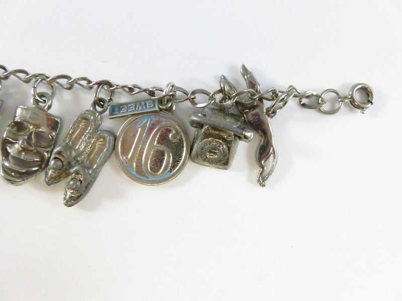 Vintage Mixed Metal Charm Bracelet with Sterling JMF Pieces Sweet 16 Enamel Masks Greyhound 7 Inch
