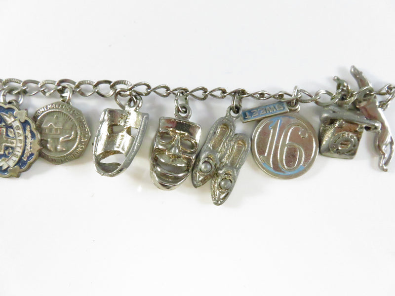 Vintage Mixed Metal Charm Bracelet with Sterling JMF Pieces Sweet 16 Enamel Masks Greyhound 7 Inch