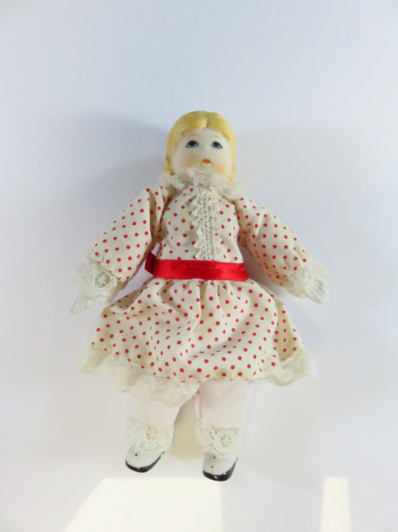 Vintage 1970's Russ Berrie? Miniature Girl Doll In Red Polka Dot White Dress