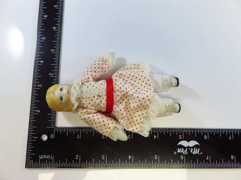 Vintage 1970's Russ Berrie? Miniature Girl Doll In Red Polka Dot White Dress