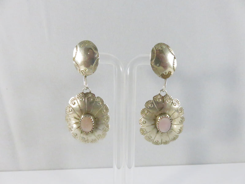 Navajo Sterling Silver Pink Mother of Pearl Concho Drop Earrings by Juan Guerra 2 1/8 Inch