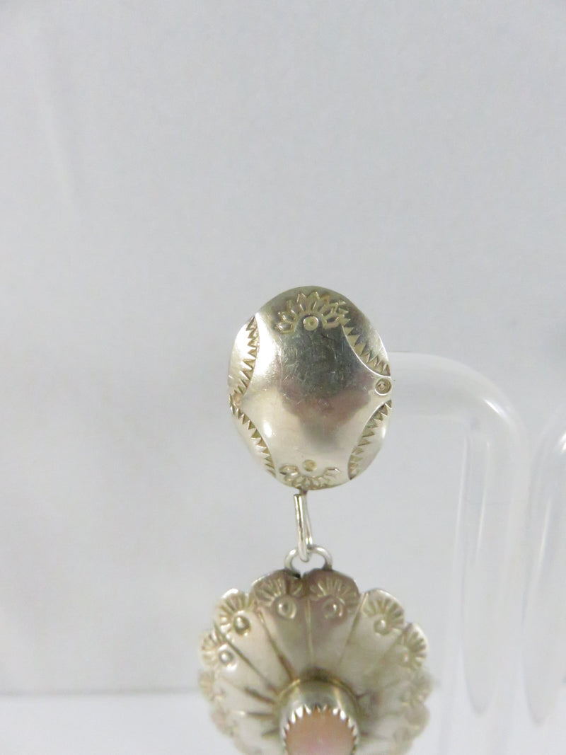 Navajo Sterling Silver Pink Mother of Pearl Concho Drop Earrings by Juan Guerra 2 1/8 Inch