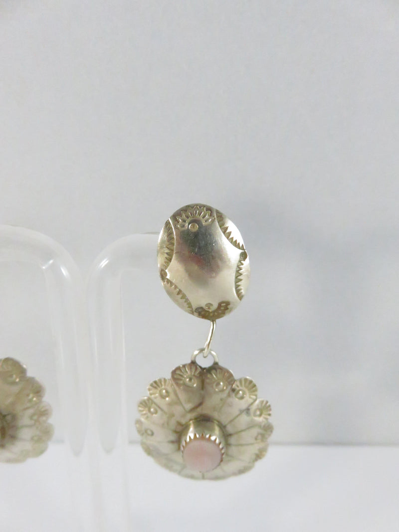 Navajo Sterling Silver Pink Mother of Pearl Concho Drop Earrings by Juan Guerra 2 1/8 Inch
