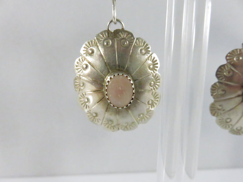 Navajo Sterling Silver Pink Mother of Pearl Concho Drop Earrings by Juan Guerra 2 1/8 Inch