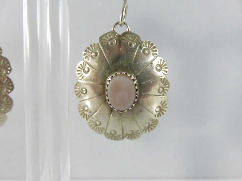 Navajo Sterling Silver Pink Mother of Pearl Concho Drop Earrings by Juan Guerra 2 1/8 Inch