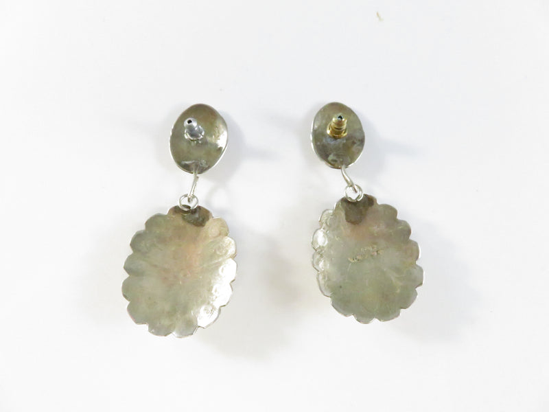 Navajo Sterling Silver Pink Mother of Pearl Concho Drop Earrings by Juan Guerra 2 1/8 Inch