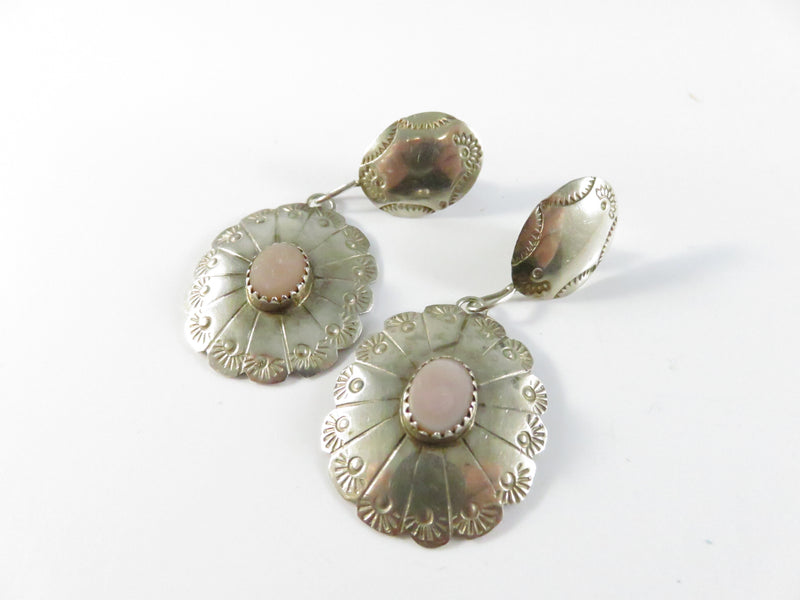 Navajo Sterling Silver Pink Mother of Pearl Concho Drop Earrings by Juan Guerra 2 1/8 Inch