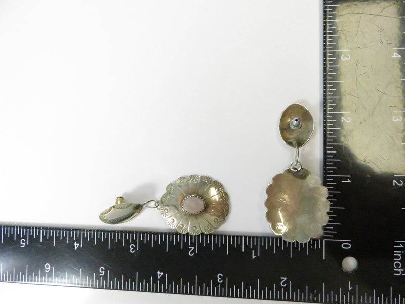 Navajo Sterling Silver Pink Mother of Pearl Concho Drop Earrings by Juan Guerra 2 1/8 Inch