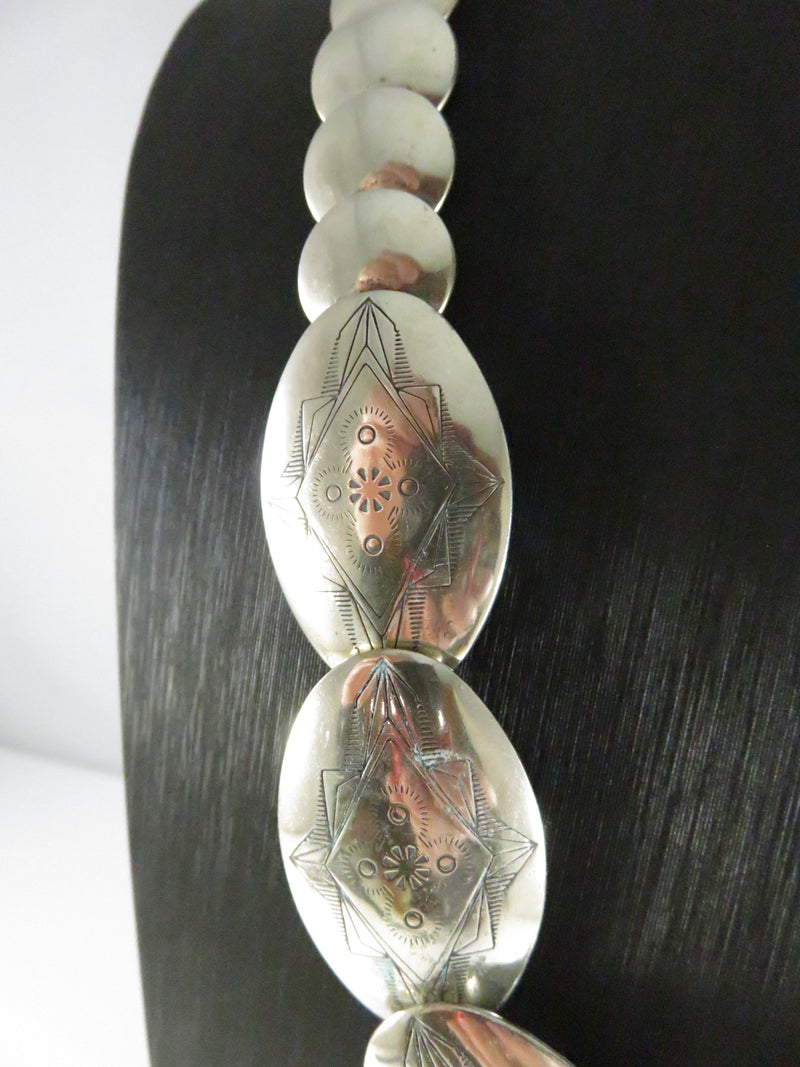 Southwestern Sterling Silver Graduated Pillow Disc Etched Oval Necklace Signed QT Quoc Turquoise 20.25in