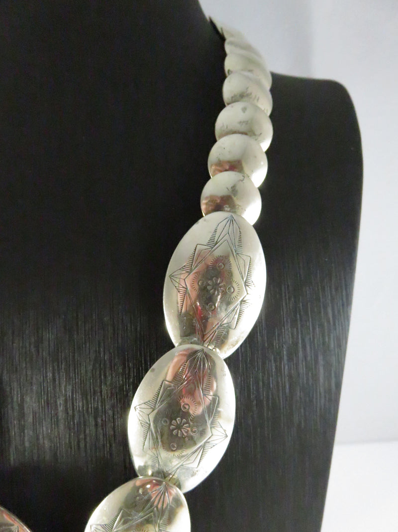 Southwestern Sterling Silver Graduated Pillow Disc Etched Oval Necklace Signed QT Quoc Turquoise 20.25in