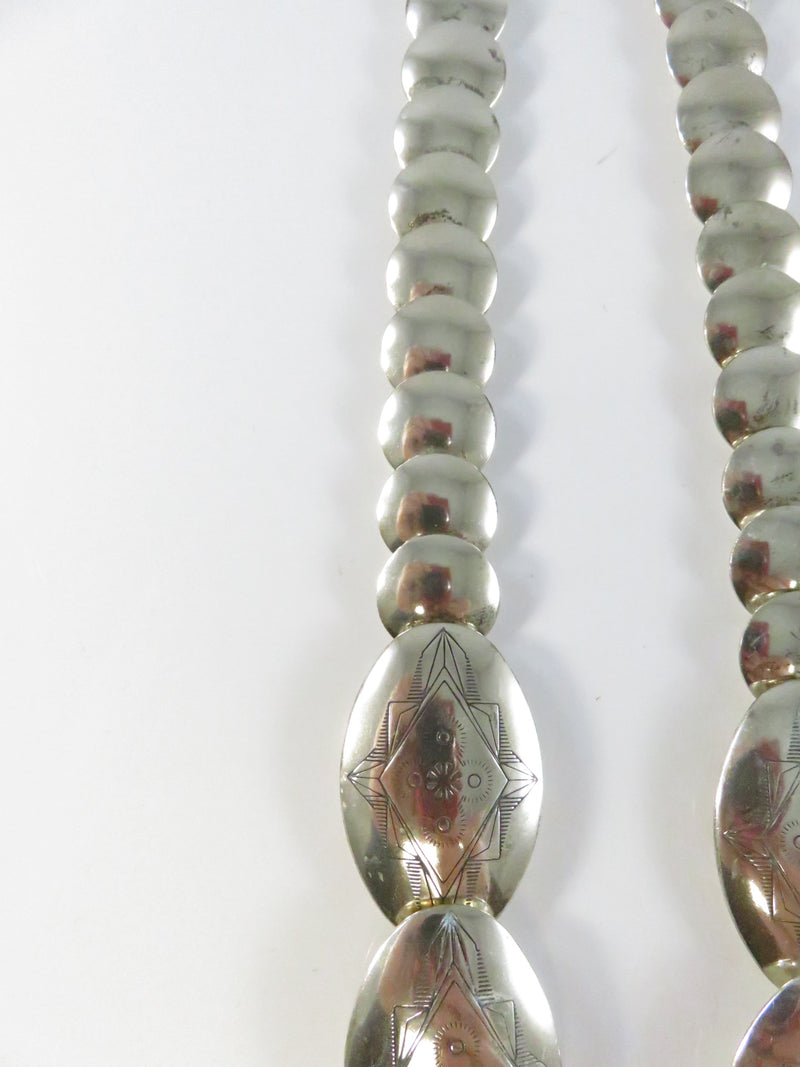 Southwestern Sterling Silver Graduated Pillow Disc Etched Oval Necklace Signed QT Quoc Turquoise 20.25in