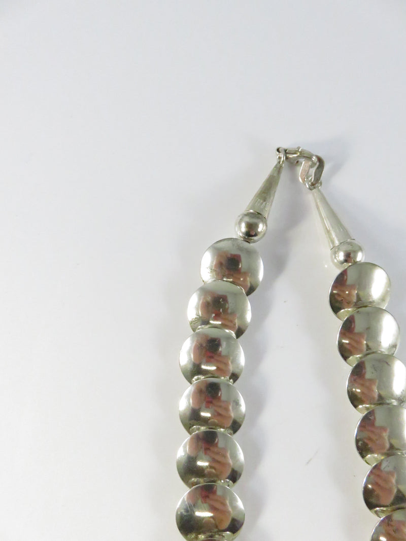 Southwestern Sterling Silver Graduated Pillow Disc Etched Oval Necklace Signed QT Quoc Turquoise 20.25in