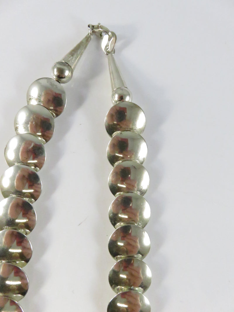 Southwestern Sterling Silver Graduated Pillow Disc Etched Oval Necklace Signed QT Quoc Turquoise 20.25in