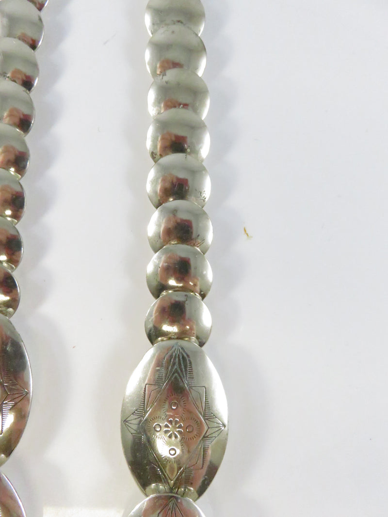 Southwestern Sterling Silver Graduated Pillow Disc Etched Oval Necklace Signed QT Quoc Turquoise 20.25in