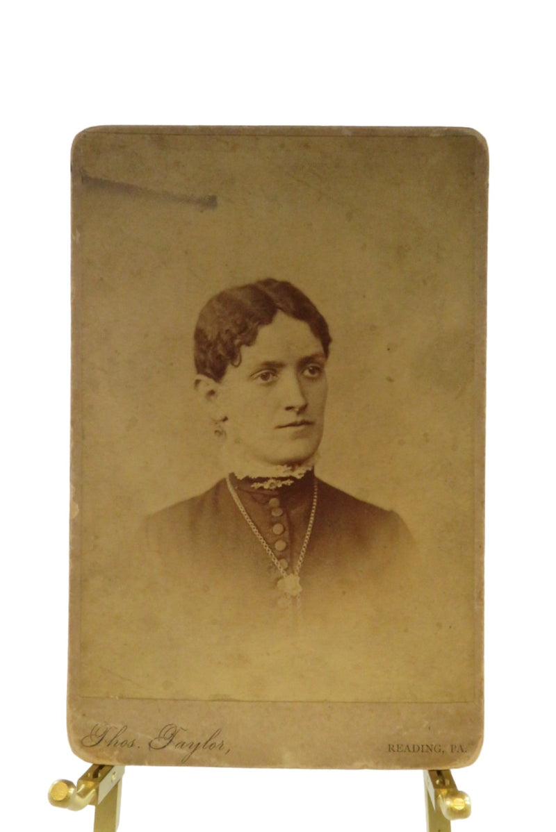 Woman Wearing Slide Necklace, Earrings and Collar Pin Antique Cabinet Card Thoma