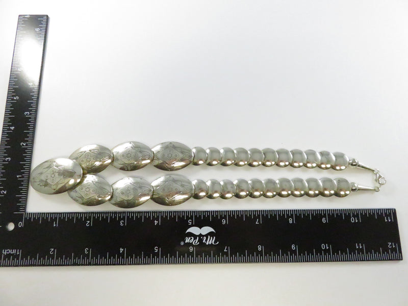 Southwestern Sterling Silver Graduated Pillow Disc Etched Oval Necklace Signed QT Quoc Turquoise 20.25in