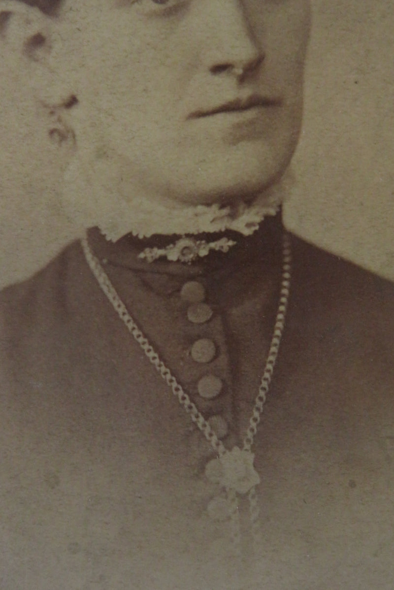 Woman Wearing Slide Necklace, Earrings and Collar Pin Antique Cabinet Card Thoma