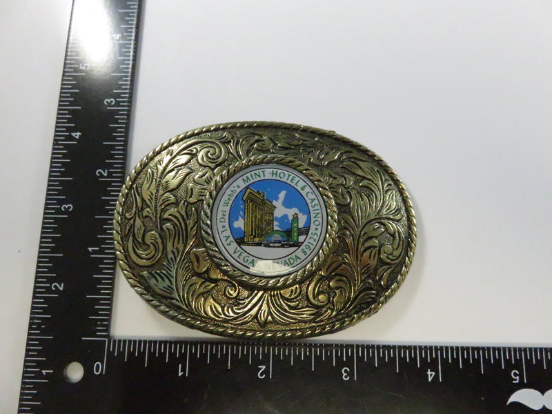 Vintage Del Webb’s Mint Hotel & Casino Las Vegas Belt Buckle Gold Tone Oval