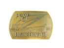 Gold belt buckle with 'page ENGINEERING CO.' text and crane illustration on a white background