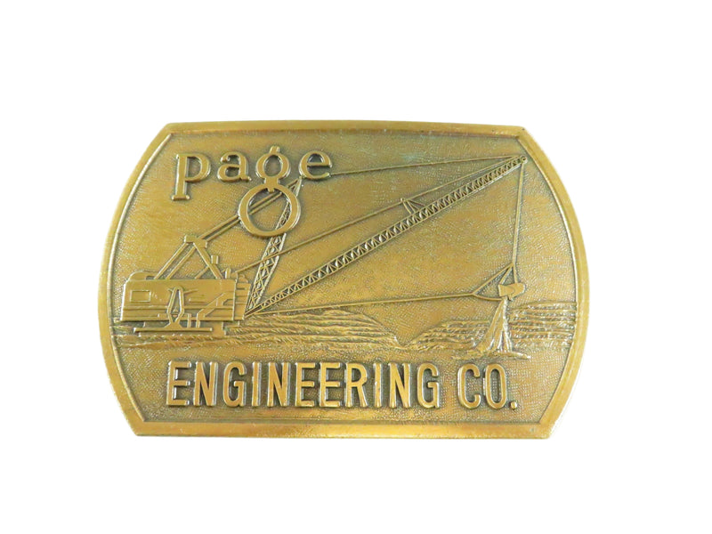 Gold belt buckle with 'page ENGINEERING CO.' text and crane illustration on a white background